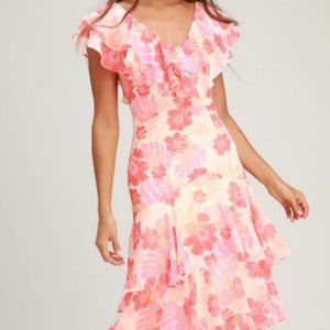 New-Lulus Alison Pink Multi Floral Print Ruffled Midi Dress